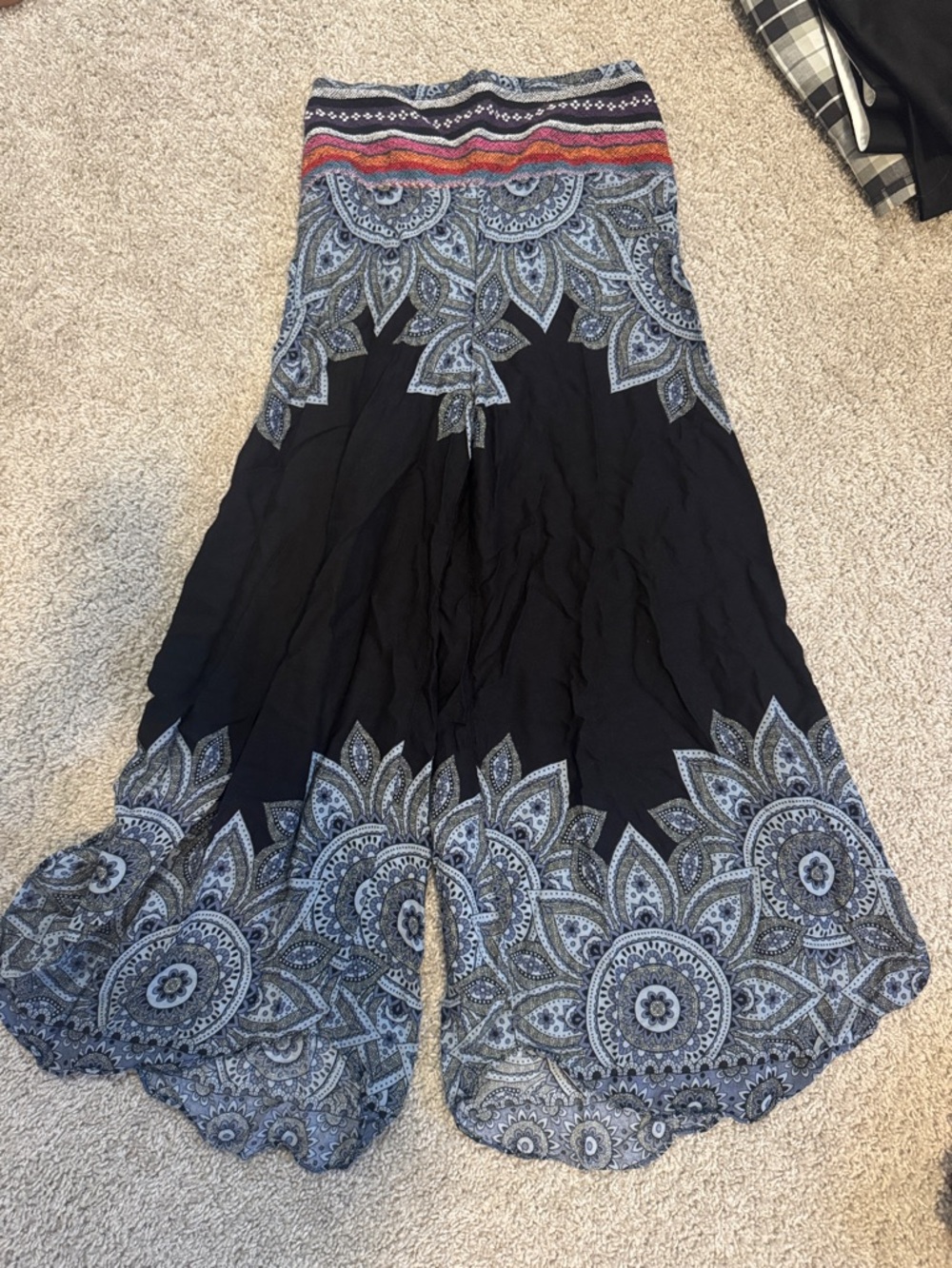 Boho Wide-Leg Printed Palazzo Pants - Black & Blue